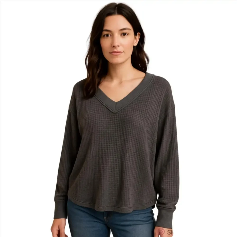 Free People Gray Charcoal Waffle Knit Long Balloon Sleeve Off Shoulder Vneck Top